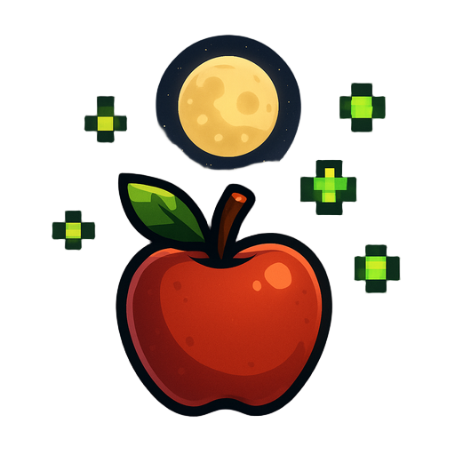 look at an apple's back while it's starring at the moon in the night sky while have minecraft particle xp floating around it