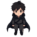 dark brown haired boy, black long cloak, gray clothes, dark blue eyes, neutral expression, no mouth, small eyes, teenage, small head