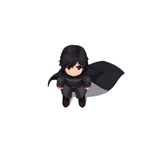 dark brown haired boy, black long cloak, gray clothes, dark blue eyes