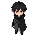 dark brown haired boy, black long cloak, gray clothes, dark blue eyes, neutral expression, no mouth, small eyes