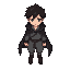 dark brown haired boy, black long cloak, gray clothes, dark blue eyes