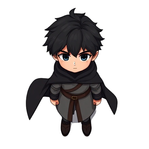 dark brown haired boy, black long cloak, gray clothes, dark blue eyes, rune tiwaz as a scar on face