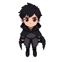 dark brown haired boy, black long cloak, gray clothes, dark blue eyes