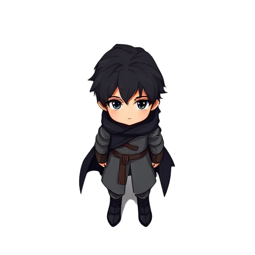dark brown haired boy, black long cloak, gray clothes, dark blue eyes