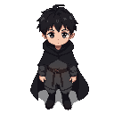 dark brown haired boy, black long cloak, gray clothes, dark blue eyes, neutral expression, no mouth, small eyes