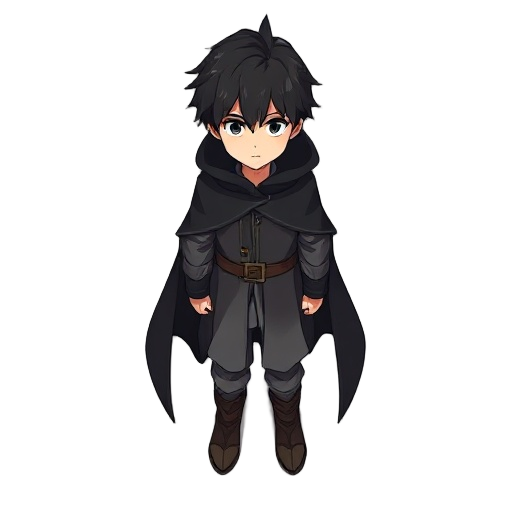 dark brown haired boy, black long cloak, gray clothes