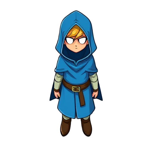 character wearing a blue cloak, use zelda like style where head is big. the cloak hides the face except for the eyes that are white.