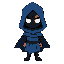 character wearing a blue cloak. head is big. the cloak hides the face except for the eyes that are white. the rest of the face is in shadow and black