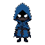 character wearing a blue cloak. head is big. the cloak hides the face except for the eyes that are white. the rest of the face is in shadow and black