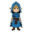 character wearing a blue cloak, use zelda like style where head is big. the cloak hides the face except for the eyes that are white.