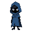 character wearing a blue cloak. head is big. the cloak hides the face except for the eyes that are white. the rest of the face is in shadow and black