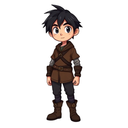 the character has messy black hair, a brown tunic, dark pants, and boots. ragnarok novice