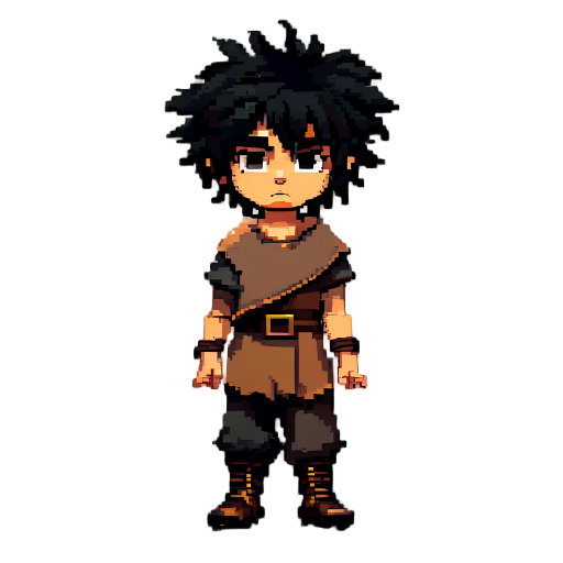 the character has messy black hair, a brown tunic, pixel, dark pants, and boots, novice, hero