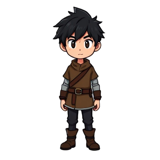 the character has messy black hair, a brown tunic, pixel, dark pants, and boots, novice, hero