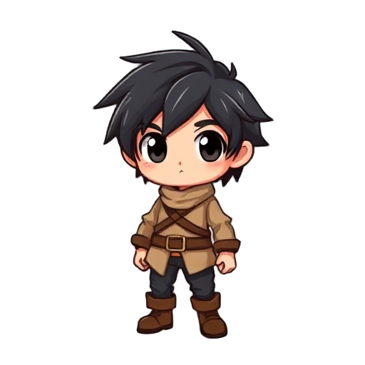 young novice adventurer with messy black hair, big dark eyes, a beige tunic with a brown belt, dark pants, and boots. cute, chibi style inspired by classic rpgs.
