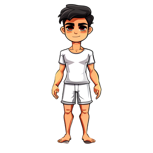 personagem de roupas íntimas contendo camisa e shorts branco, cabelo preto 