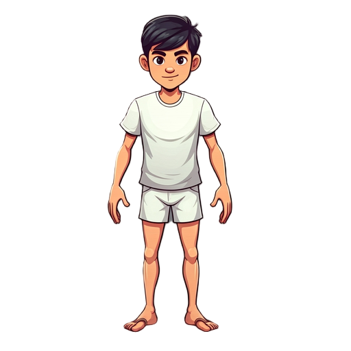 personagem de roupas íntimas contendo camisa e shorts branco, cabelo preto 
