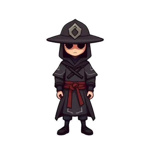 a small not to flashy sprite of a no face samurai character in a cloak and a hat