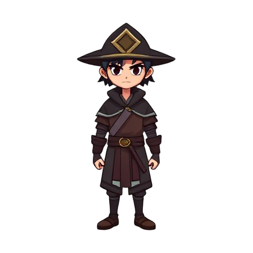 a simple sprite of a samurai looking character in a cloak and a hat