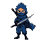 ninja de azul y negro con una espada el ninja sea del futuro y que en la espalda tena una capa media desgastadas 