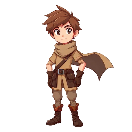 the character is a young adventurer with tousled brown hair, wearing a split long cape that looks like a scarf divided into two parts flowing behind him, a beige shirt, brown leather gloves, a belt with a pouch, and red-bro