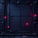 a highly detailed pixel art side-view cyberpunk-style metallic wall background for a 2d arcade game. the wall is composed of dark steel panels with exposed wires, glowing neon circuits, and futuristic