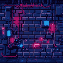 - a pixel art side-view cyberpunk-style metallic wall background for a 2d arcade game. the wall has glowing neon circuits, exposed wires, and futuristic