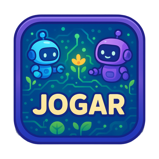 preciso de um botão escrito jogar,  conceito central    "robôs aprendendo em um mundo digital vibrante e amigável"    um universo onde tecnologia e natureza se encontram - robôs fofos explorando ambientes digitais coloridos que parecem circuitos eletrônic