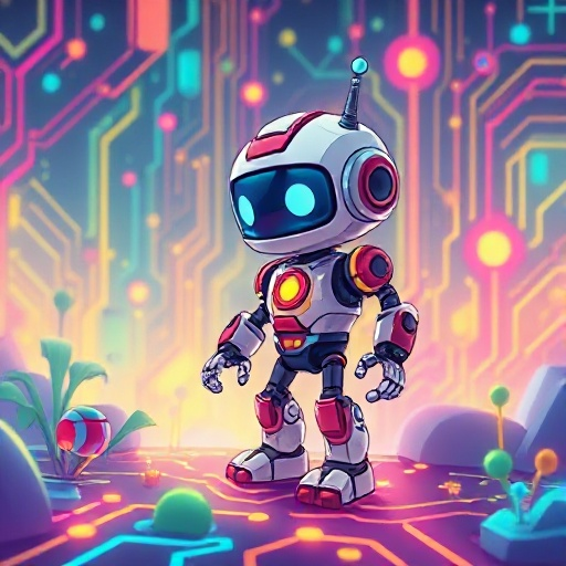crie um botão de jogar,  conceito central    "robôs aprendendo em um mundo digital vibrante e amigável"    um universo onde tecnologia e natureza se encontram - robôs fofos explorando ambientes digitais coloridos que parecem circuitos eletrônicos com vida