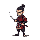 samurai without helmet with tied hair in classic red and black clothes, and katana