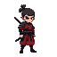 samurai without helmet with tied hair in classic red and black clothes, and katana