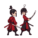 samurai without helmet with tied hair in classic red and black clothes, and katana, for game fight , player see right