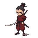 samurai without helmet with tied hair in classic red and black clothes, and katana