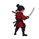 samurai without helmet with tied hair in classic red and black clothes, and katana, for game fight , player see right