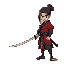 samurai without helmet with tied hair in classic red and black clothes, and katana