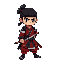 samurai without helmet with tied hair in classic red and black clothes, and katana
