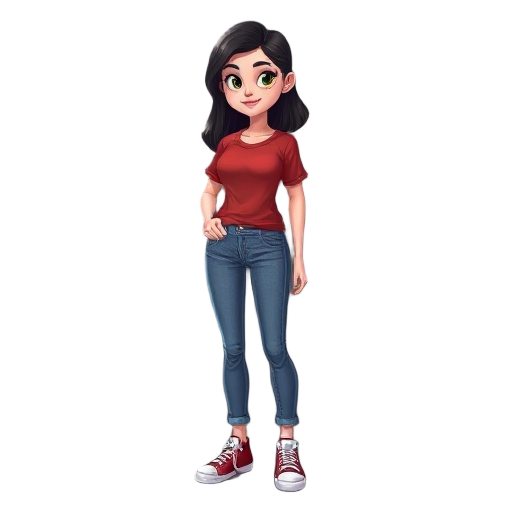 garota com a pele parda clara, com cabelo preto e cacheado, usando uma camisa vermelha uma calça jeans e 1 tenis preto