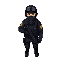special forces police, black uniform, balaclava and helmet, yellow symbol on the arm