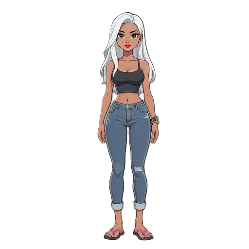 tall brunette woman, long legs, cropped, skinny jeans pants, flipflops, white hair.