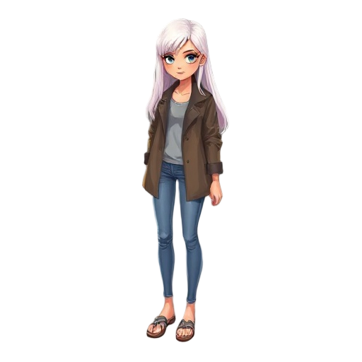  beautiful tall girl, brunette, long legs, white hair, coat, skinny pants jeans, flipflops walking.