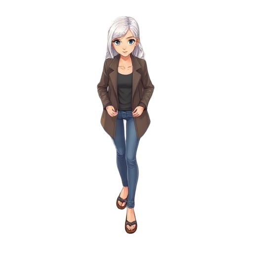  beautiful tall girl, brunette, long legs, white hair, coat, skinny pants jeans, flipflops walking, isometric, cartoon.