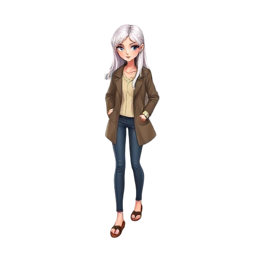  beautiful tall girl, brunette, long legs, white hair, coat, skinny pants jeans, flipflops walking, isometric, cartoon.