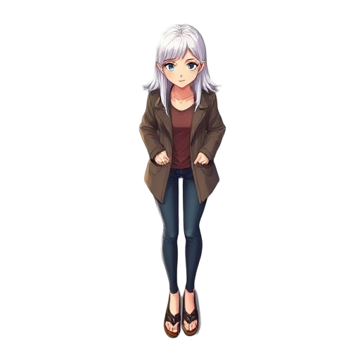  beautiful tall girl, brunette, long legs, white hair, coat, skinny pants jeans, flipflops walking, topdown, cartoon.
