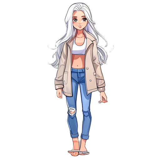 beautiful tall girl, brunette, long legs, white hair, coat, skinny pants jeans, flipflops walking, topdown, cartoon.