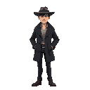 white/european man with dark-ish hair. short/average. dark trench coat with dark pants a light shirt. hat.