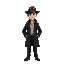 white/european man with dark-ish hair. short/average. dark trench coat with dark pants a light shirt. hat.