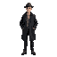 white/european man with dark-ish hair. short/average. dark trench coat with dark pants a light shirt. hat.