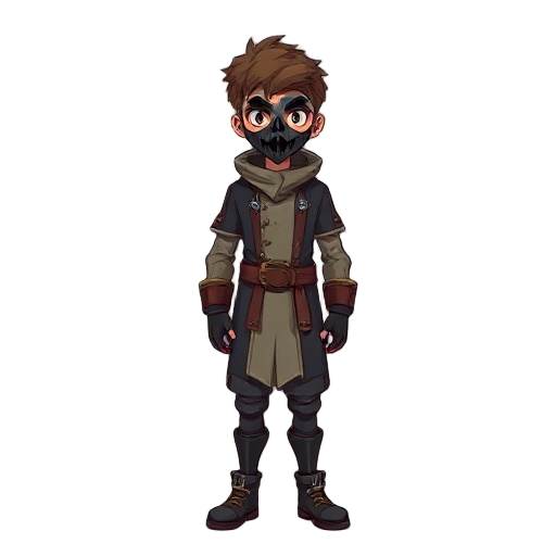 young male character, dressed as an alchemist and wearing the black death mask