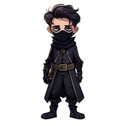 young male character, dressed as an alchemist and wearing the black death mask 