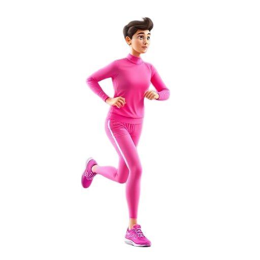 make a human dressed in hot pink running clothes and hot pink running shoes. the human should be running and viewed from profile. 